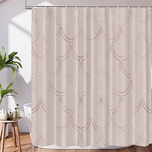BaoNews Art Rose Gold Decor Shower Curtain Set,Pink Glitter Scales Geometric Polyester Shower Curtain for Shower Stall Bathroom Waterproof with 12 Hooks 72x72 inch
