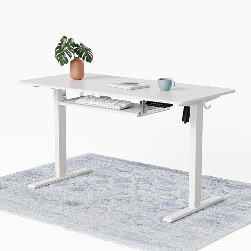CubiCubi Elektrischer Stehschreibtisch mit Tastaturablage, 140 x 60 cm Stehtisch, Stehpult T-Beine aus Stahl mit 3-Funktions-Memory-Steuerung, Anti-kollisions System, Rollen, Weiß