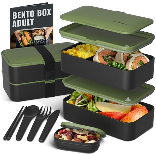 Bentoheaven Premium Bento Box Adult Lunch Box with Compartments for Women & Men, Set of Utensil & Chopsticks & Dip Container, Cute Japanese Kids Bento Lunch Box, Microwavable (Olive Garden)