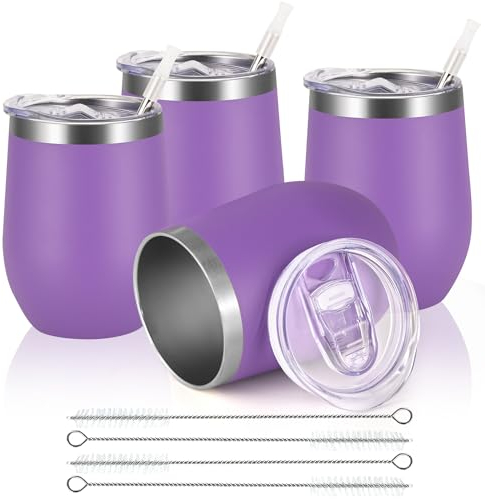 Joymaking Reusable Coffee Cup, Double Walled -Insulated Travel Mug Vacuum Stainless Steel Wine Tumbler with Spill Proof Lid, Great for Hot Cold Drinks Coffee Wine, 4 Piece Set 12 Oz Purple