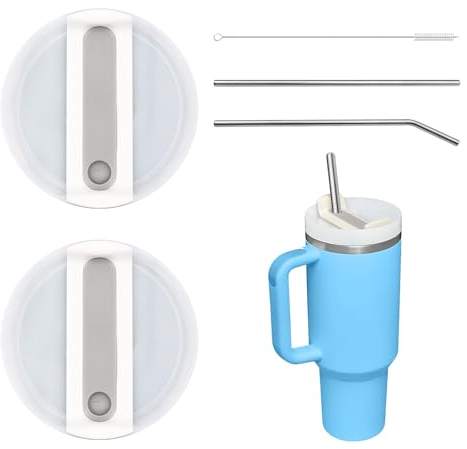 ZOCONE 2 tapas de vaso Stanley blancas con 2 popotes de acero inoxidable + cepillo, repuesto de tapa Stanley de 40 onzas, a prueba de derrames, resistente a salpicaduras, vaso de repuesto compatible