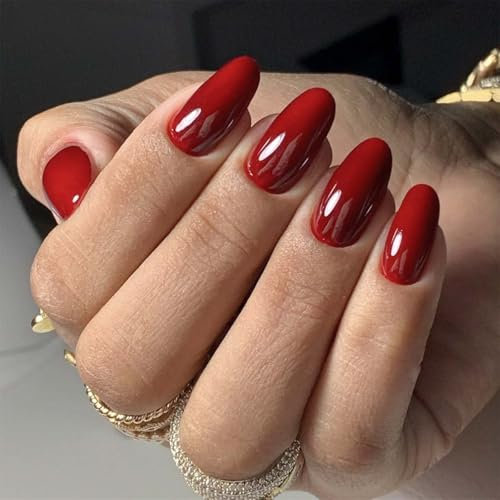 Almond False Nails - 24Pcs Red Fake Nails - Wine Red Medium Length Stick on Nails - Glossy Full Cover Long Lasting Press on Nails - Removable DIY Nail Art Gifts for Women Girls