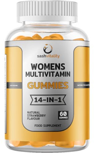Women’s 14 in 1 Multivitamin Gummy | PMS Support | 60 Gummies | Strawberry Flavored | Essential Vitamins C, D3, E, K2, B6, Folic Acid, Biotin, Zinc & More | Stress, Hair & Skin Support