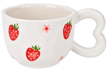 Koythin Ceramic Coffee Mug, Cute Creative Heart Handle Mug Design for Office and Home, Dishwasher and Microwave Safe, 10.5 oz/300 ml for Latte Milk Tea (Strawberry)