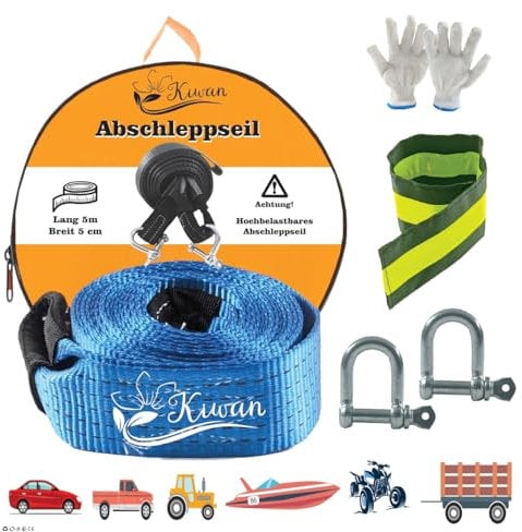 Kiwan Abschleppseil Offroad Zubehör Set 10 Tonnen, 5M x 5CM – Geprüfte Qualität – Reißfester Bergungsgurt für Wohnmobil, Auto, LKW, Pkw – Notfall Abschleppseil für Geländefahrzeuge.