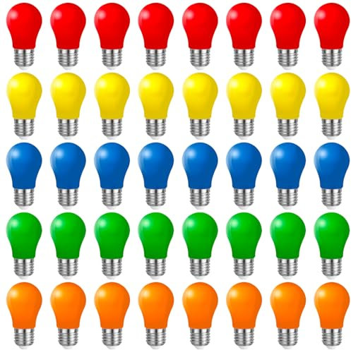 Belaufe 40 Stück E27 LED Bunte Glühbirnen 3W, E27 Farbige lampen, Dekorative LED Lampe außen für Party,Lichterkette,Weihnachten, 220V AC, Rot Grün Blau Gelb Orange, Kunststoff