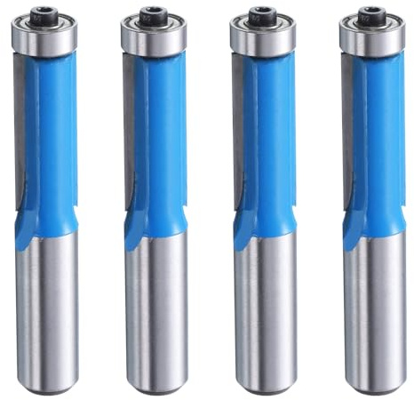 sourcing map 4pcs Flush Trim Router Bit 1/2 Shank 1/2 Dia Carbide Tipped Top Bearing Router Bit Straight Template Router Bit for Woodworking Trimming, Blue