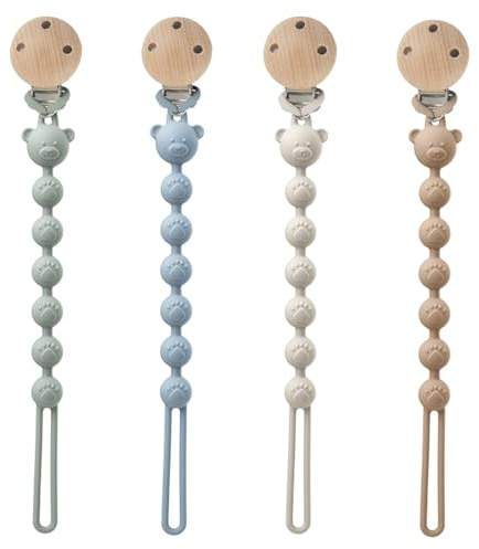 4 Pcs Dummy Clips for Boys Girls, Pacifier and Teether 2-in-1, Bpa Free | Portable Set of 4 in Brown, Milky White, Blue and Green, Easy-Clean Design Helps Keep Soothers Close at Home or Out