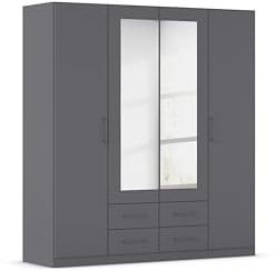 Rauch Möbel Belfast Kleiderschrank, Schrank, Garderobe, Organizer, 4-türig, mit Spiegel, 4 Schubladen für mehr Stauraum, Farbe Grau metallic, Schwarz, Stangengriff Grau metallic, 181x197x54cm