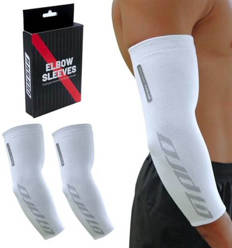 Gorletic Coderas de Compresión Deportivas (Par) – Mangas de Soporte para Codos – Antideslizantes y Elásticas para Calistenia, Fitness, Gym – Hombre/Mujer (Blanco, Large)