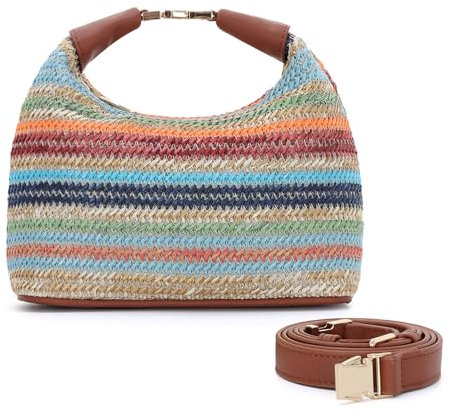BWBIKE Damen Raffia Woven Straw Geldbörse - Sommer Crossbody Strandtasche mit oberem Griff, kleine Schulranzen-Handtasche für Urlaub und Alltag, Bunt