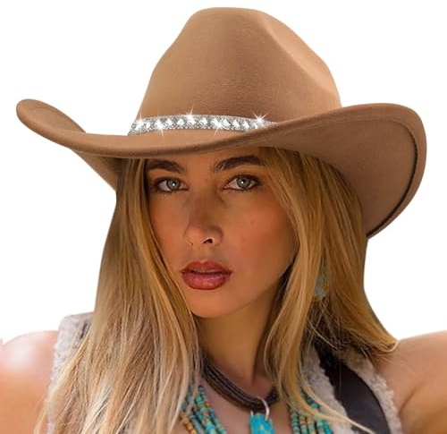 DRESHOW Western Cowboyhatt Kvinnor Män Bred Brätte Strass Filt Fedora Hut | Glitterband med Strass, Traditionell Westernstil, Cowgirlhatt för Fest, Kostym, Cosplay, Vardagsbruk