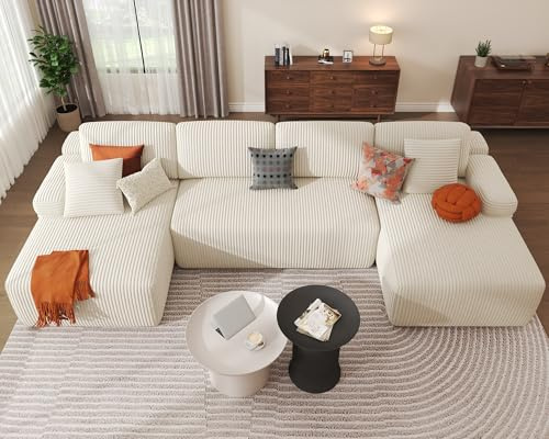 DURASPACE Canapé Modulaire Sectionnel, Canapé Convertible en Forme de U avec Mousse à Mémoire de Forme, Canapés Sectionnels sans Ossature en Velours Côtelé pour Salon, Aucun Assemblage Requis (Beige)