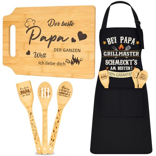 Defresit Papa Geschenk für PaPa 5-in-1 – Lustige Grillschürze, Bambus Schneidebrett & 3 Holz Kochlöffel – Grill Geschenk für Papa, Männer – Vatertag, Geburtstag Geschenk für Vater & Opa