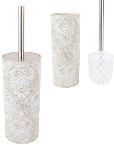 Kook Time Geschlossene WC-Garnitur Serie Damask - Toilettenbürste mit Edelstahl-Stiel - Bürstenhalter aus Polyresin mit Damast-Relief - Matt Creme