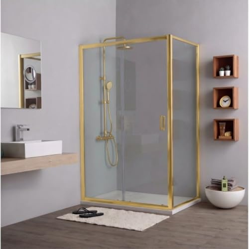 Kiamami Valentina - Porta doccia oro spazzolato 120 cm con anta fissa e scorrevole più lato fisso 80 cm, vetro trasparente 6 mm, struttura in alluminio, installazione reversibile, serie City