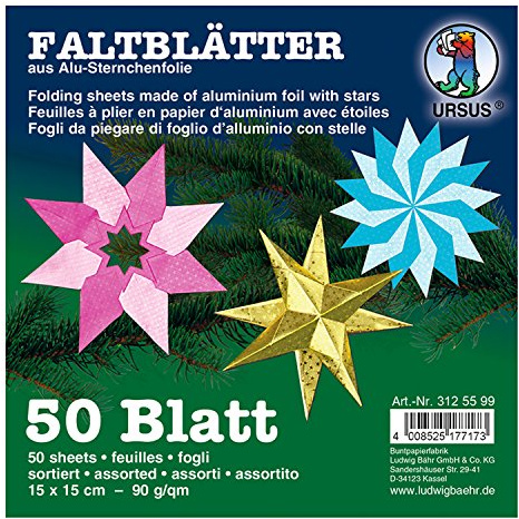 Ursus 3125599 - Faltblätter Alu mit Sternchen, ca. 15 x 15 cm, 90 g/qm, 50 Blatt in 10 verschiedenen Farben, beidseitig bedruckt, mit Sternchenprägung, ideale Grundlage für kreative Bastelarbeiten