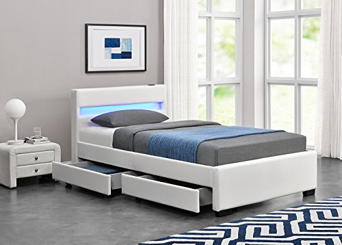 Exclusive Harmin Designer Music Bed, Bluetooth, Speakers, LED Colour Changing Faux Leather Bed Frame with Remote for LEDs (Single 3ft, White)