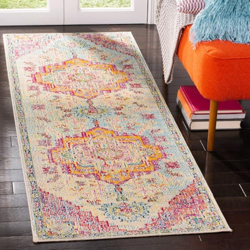 SAFAVIEH Boho Teppich für Wohnzimmer, Esszimmer, Schlafzimmer - Crystal Collection, Kurzer Flor, Hellblau und Fuchsia, 66 X 213 cm