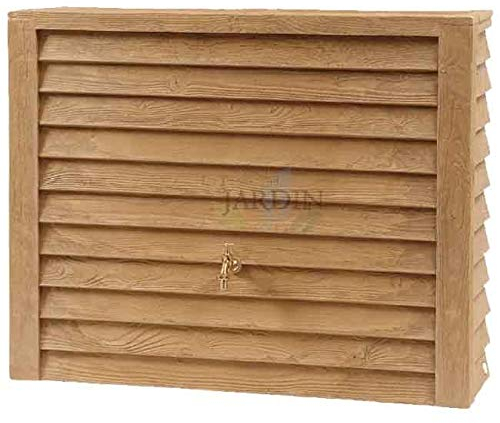 Serbatoio in polietilene da 350 litri. Parete effetto legno marrone. Include rubinetto. Dimensioni: Larghezza 124 cm, Profondità 40 cm, Altezza 100 cm.