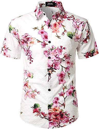 JOGAL - Camicia hawaiana da uomo, casual, motivo floreale, a maniche corte, bianco rosa, S