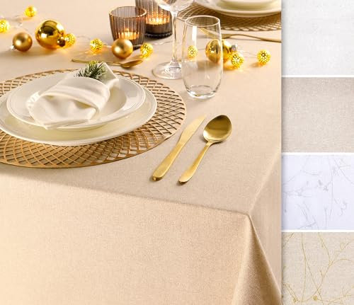 BEAUTEX Baumwolle Tischdecke mit Fleckenschutz, glänzend, hochwertige Saumverarbeitung, Größe und Farbe wählbar (Rund 140 cm, Prag-beige/Gold)