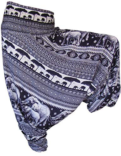 PANASIAM Aladinhose Chang Unisex - 2in1 - als Haremshose & Jumpsuit tragbar | Yogahose mit breitem Gummibund für bequemen Sitz, Elefanten Designs, GOA Hose Boho Style, Pumphose Damen, aus 100% Viskose