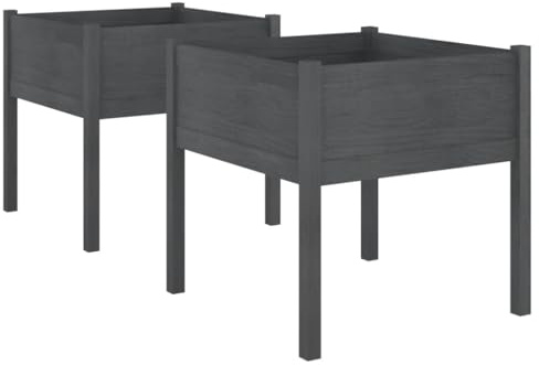 vidaXL 2x Solid Pinewood Garden Planters Outdoor Patio Terrace Backyard Wooden Raised Bed Flower Box Planter Pot Stand Divider Vegetable Herb Bed Grey