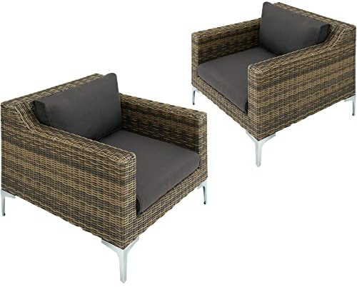 tectake® modulares, erweiterbares Rattan Gartenmöbel Set 2er, 2X Outdoorsessel, Garten Sitzgruppe, Rattan Lounge Outdoor, Outdoor Möbel wetterfest, Balkonmöbel Kleiner Balkon, kleine Balkonmöbel