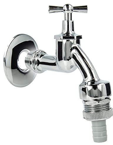 tecuro Auslaufventil 1/2 Zoll, Knebeloberteil, Rohrbelüfter DVGW, Schlauchtülle, Wandrosette, Dichtband - Messing hochglanzverchromt - 22762-SWD