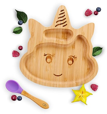 Kleiner Fuchs Hochwertiges Bambus Teller mit Saugnapf, Rutschfestem Saugnapf mit passendem Baby Löffel Macht Mahlzeiten Spaß, Bambus Geschirr Set mit Geschenkbox - Essenlernen mit Einhorn Design