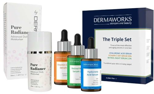 Skincare Gift Set Women: Face Eye Cream Moisturiser + Face Serums Set of 3 – Brightening Vitamin C Serum with Niacinamide – Anti aging Resurfacing Retinol – Hydrating Hyaluronic Acid - DERMAWORKS