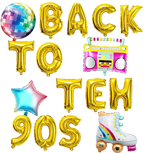90er Thema Party Dekoration Luftballons Kit mit Back to the 90s Banner, Retro Radio Ballon und 4D Disco Folienballons für Erwachsene 90er Geburtstags Themen Retro Disco Hip Hop Party