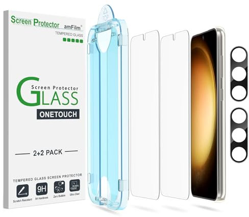 amFilm 2+2 Piezas OneTouch Protector de Pantalla para Samsung Galaxy S23 Plus 5G, Dureza 9H con Protección de Lente de Cámara Fabricada en Cristal Templado, Fácil Instalación y Sin Burbujas