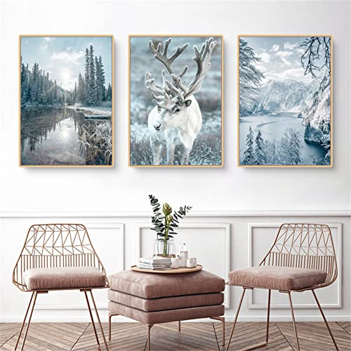 Trayosin 3er Premium Poster Set, Winter-Schnee-Szene Bilder, Blau Schneeflocke Moderne Wandbilder für Wohnzimmer und Schlafzimmer, ohne Rahmen (30x40cm)