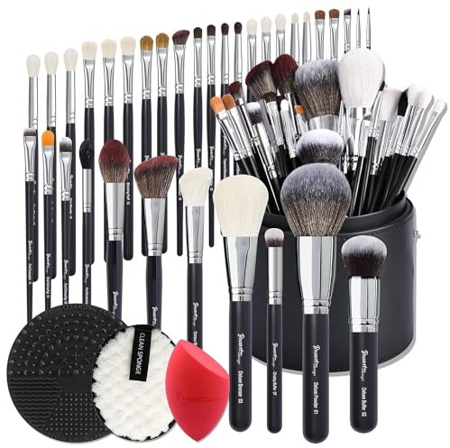 Bueart Design Pro Makeup Artist Lot de 34 pinceaux de maquillage en crin de chèvre véritable avec support extra large et poils de poney naturels