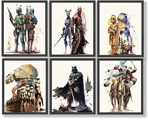 Star Wars Poster, Aquarelldrucke, 8 Stück, 20,3 x 25,4 cm, Star Wars Dekor, Badezimmer, Schlafzimmer, Wohnzimmer, Geburtstagsgeschenk, Darth Vader, Stormtrooper, Boba Fett, ATAT R2D2, BB8