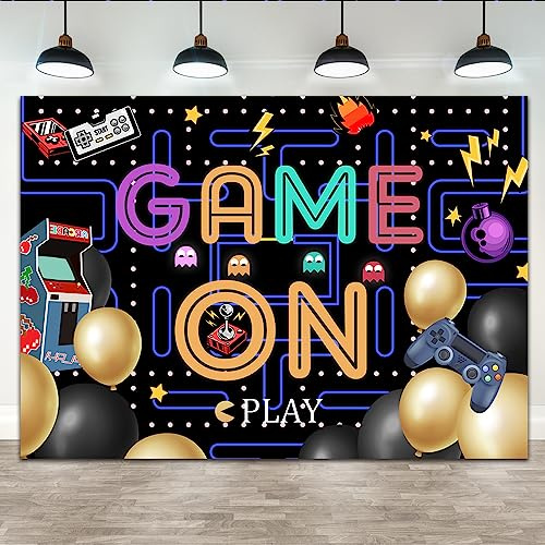 Lofaris Game On Backdrop Video Game for Boys Birthday Photography Background Colorful Lights Party Supplies Kids Adults Gaming Party Decorations Baby Shower Cake Table Photo Booth 7x5ft