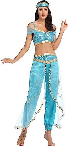 TRACYCY Prinzessin Jasmin Damen Kostüm Cosplay Aladdin Prinzessin Jasmin Top und Hose Kopfbedeckungen Bauchtanz Outfit Verkleidung Halloween Weihnachten Karneval Geburtstag Partykleid für Erwachsene