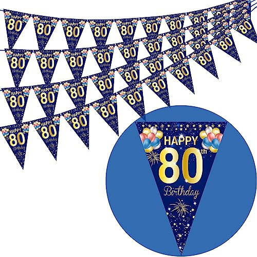 40Pcs Navy Blue and Gold Glitter 80th Birthday Banner - Triangle Flag Bunting for Men Women Party Decoration Supplies