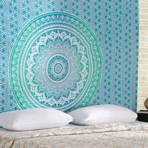 RAJRANG BRINGING RAJASTHAN TO YOU Wandbehang, Mandala-Wandteppich, Meeresgrün, für Schlafzimmer und Wohnzimmer, Dekoration, Boho-Bohemian-Wandbehang, Baumwoll-Wandteppiche, 213 x 137 cm