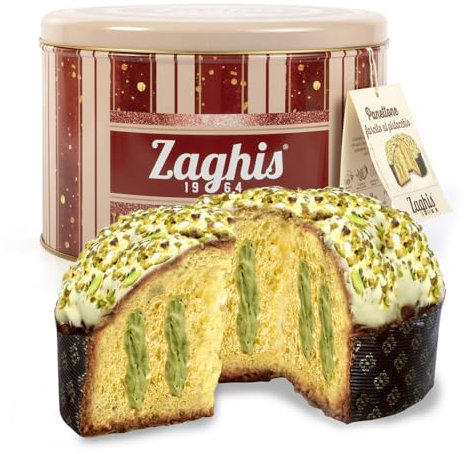 Panettone Artigianale Pistacchio Zaghis 800g Con Cremosa Crema di Pistacchio E Granella Tostata, Cioccolato Bianco E Lievito Madre, confezionato in Latta Vintage