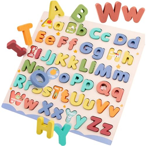 Sanfly Wooden Alphabet Puzzle Abc Letters Sorting Board Uppercase and Lowercase Letters Puzzles Learning Educational Toys for Toddlers