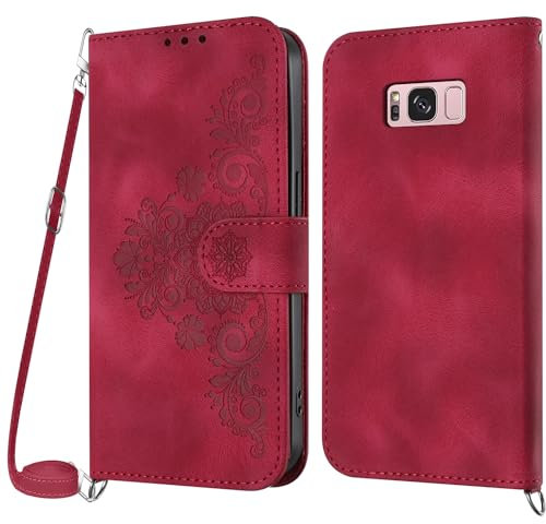 Netany Handykette Hülle für Samsung Galaxy S8, Handyhülle für Samsung S8 Hülle mit Kette Klappbar, PU Leder Necklace Klapphülle und Umhängeband Lanyard Flip Stoßfest Schutzhülle mit Band (Rot)
