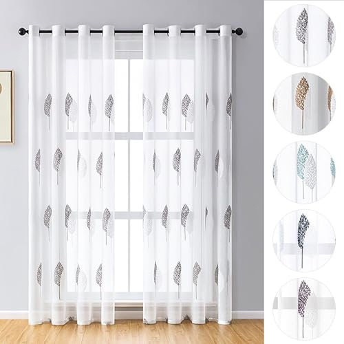 2er-Set Vorhang Blätter Stickerei mit Ösen, Voile, Blumen Gardinen,140x225cm,Grau