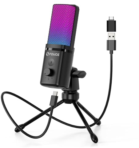 FDUCE Micrófono USB para Juegos, micrófono de Condensador RGB con trípode, Ajuste de Volumen y función de botón de Silencio, para Juegos, Podcasting, Streaming, Youtube