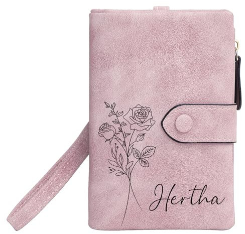 Chrifansi Portafoglio personalizzato Portafoglio da viaggio personalizzato Porta carte in pelle compatta Tasca con zip Regali personalizzati per donne Ragazze - Nome e mese del fiore di nascita, Rosa,