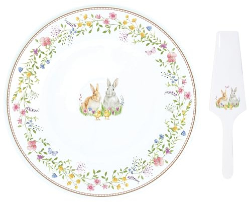 MamboCat Happy Easter Tortenplatte mit Tortenheber I runder Porzellan-Kuchenteller für Kekse, Cake-Pops, Cupcakes & Co I Gebäck-Teller & Kuchenheber für Ostern mit niedlichem Dekor