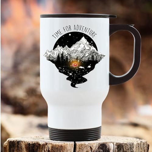 Wandtattoo Loft Edelstahl Thermobecher To Go bedruckt Zelt mit Lagerfeuer und Bergen Time for adventure Geschenk Geburtstag Camper 390 ml