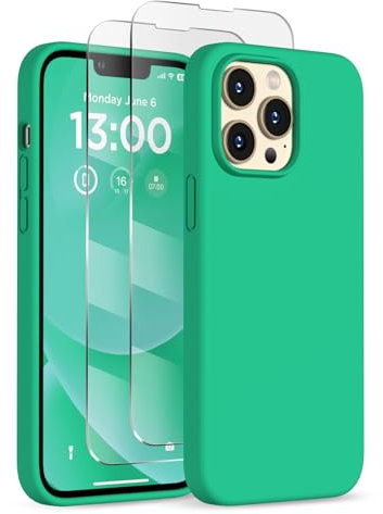 COFFKER Designed for iPhone 13 Pro Case, Liquid Silicone Case with [2X Screen Protectors], [Military Shockproof Protection] Slim Thin Phone Case with Microfiber Lining 6.1 inch, Emerald Green